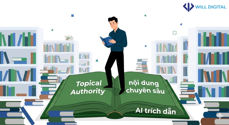 Nhân vật nam đứng trên cuốn sách lớn với từ khóa Topical Authority