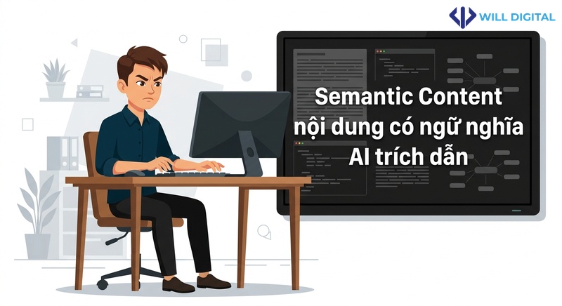 Nhân vật nam ngồi trước màn hình máy tính với từ khóa Semantic Content
