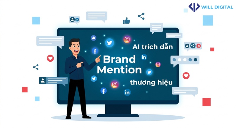 Nhân vật nam trước màn hình mạng xã hội với từ khóa Brand Mention