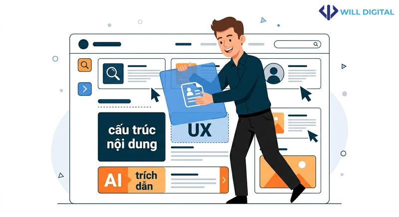 Nhân vật nam tương tác với trang web với từ khóa UX
