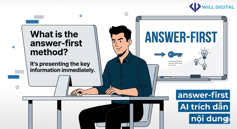 Nhân vật nam viết content 'answer-first' để AI trích dẫn