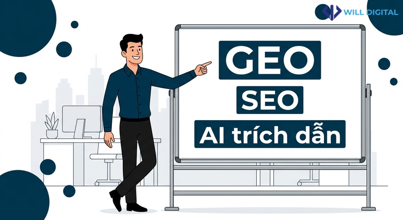 Nhân vật nam giải thích sự khác biệt giữa GEO và SEO với bảng trắng.