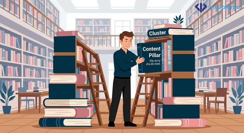 Nhân vật nam sắp xếp sách về Content Pillar và Cluster cho AI Search.