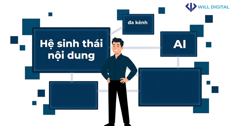Nhân vật nam giữa các màn hình về hệ sinh thái nội dung đa kênh.