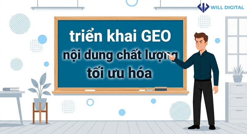 Nhân vật nam đứng trước bảng trắng với từ khóa triển khai GEO