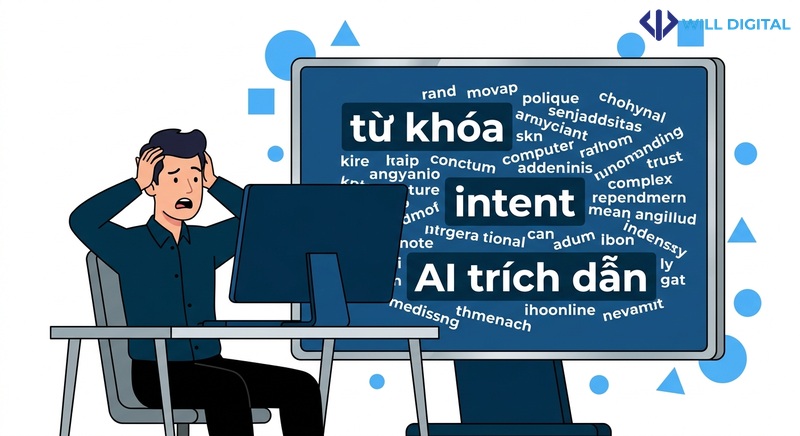 Nhân vật nam bối rối trước máy tính với từ khóa lộn xộn