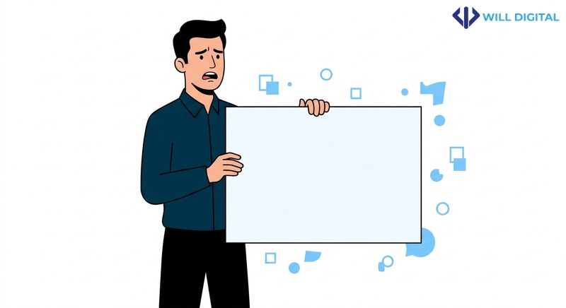 Nhân vật nam lo lắng với bảng hiệu trống thiếu brand signal