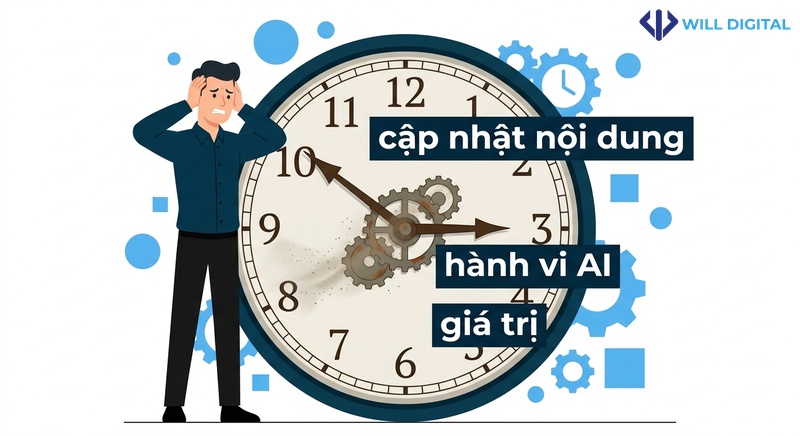 Nhân vật nam lo lắng trước đồng hồ chỉ giờ cũ không cập nhật