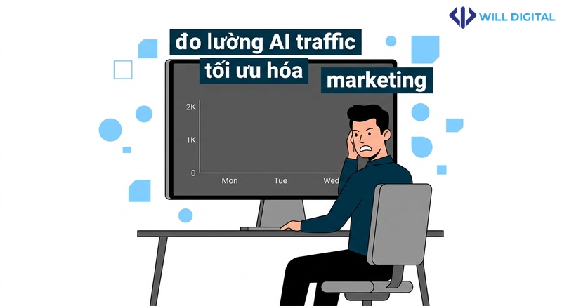 Nhân vật nam thất vọng trước biểu đồ traffic trống không đo lường