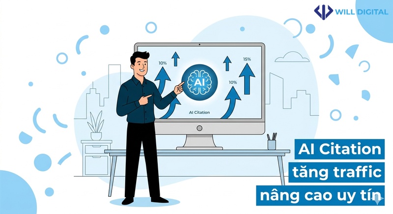 Nhân vật nam chỉ vào màn hình AI Citation, tăng traffic, nâng cao uy tín