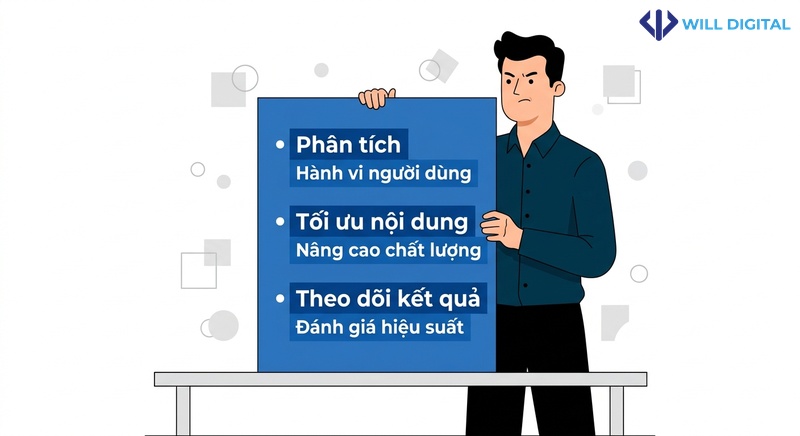 Nhân vật nam cầm bảng quy trình tối ưu AI Citation
