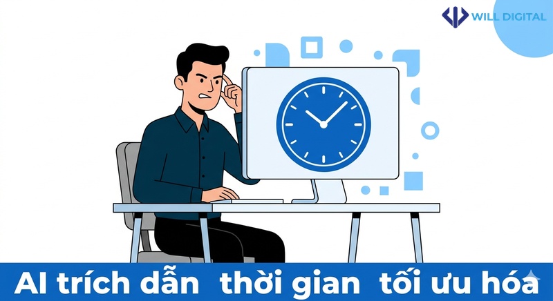 Nhân vật nam đang nhìn vào máy tính với đồng hồ lớn trên màn hình, biểu tượng AI trích dẫn.