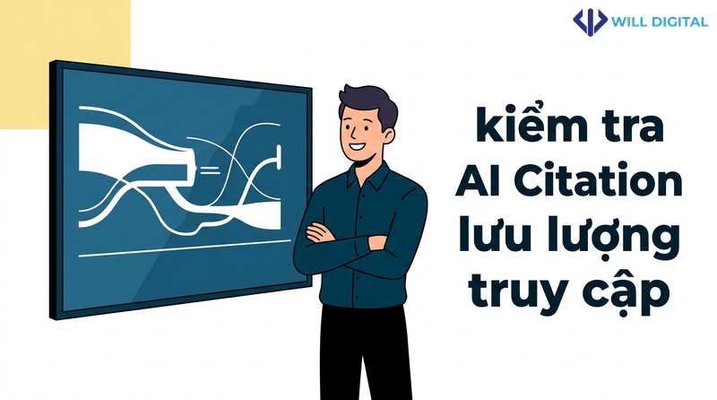 Nhân vật nam đứng trước màn hình lớn, biểu đồ lưu lượng truy cập và AI Citation.