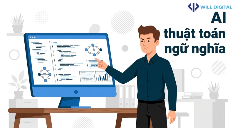 Nhân vật nam chỉ vào màn hình máy tính với mã và biểu đồ ngữ nghĩa, AI, thuật toán