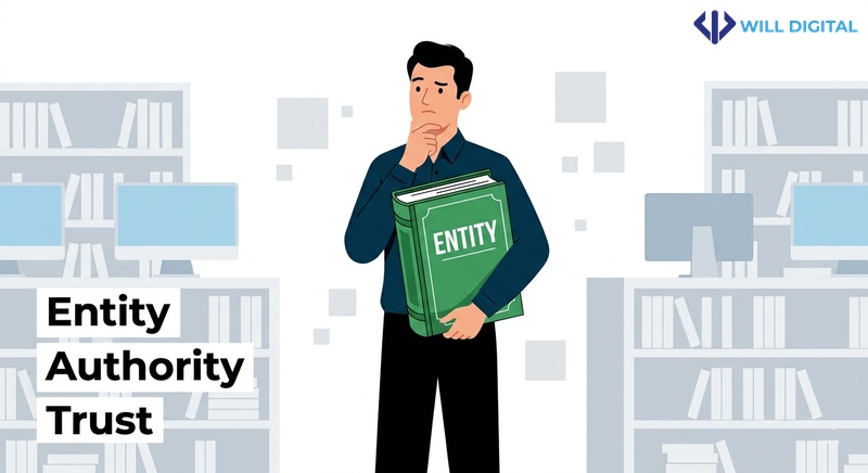 Nhân vật nam cầm sách lớn với tiêu đề Entity, Authority, Trust