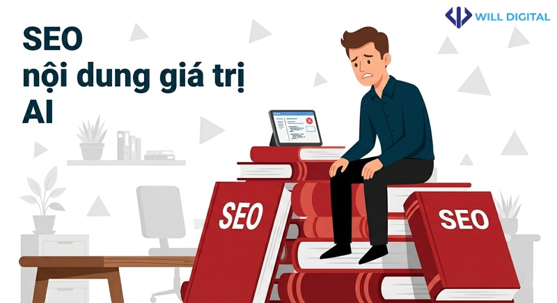 Nhân vật nam ngồi trên chồng sách SEO nhìn màn hình máy tính, nội dung giá trị