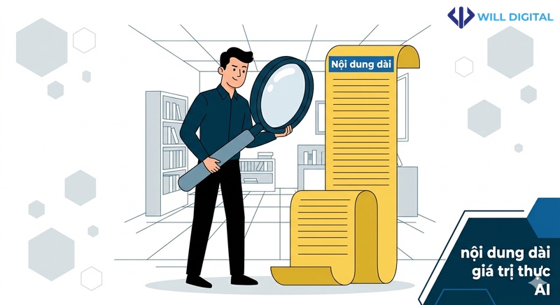 Nhân vật nam nhìn cuộn giấy dài với kính lúp, nội dung dài, giá trị thực