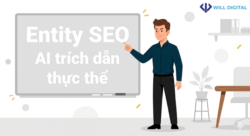 Nhân vật nam chỉ vào bảng trắng với từ khóa Entity SEO