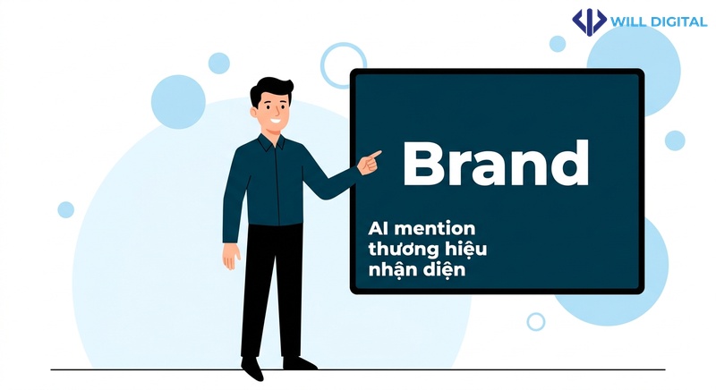 Nhân vật chỉ vào màn hình lớn với tên thương hiệu, AI mention