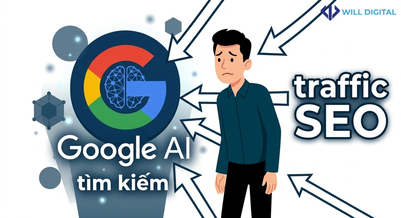 Nhân vật nam bên cạnh biểu tượng Google AI với từ khóa traffic SEO