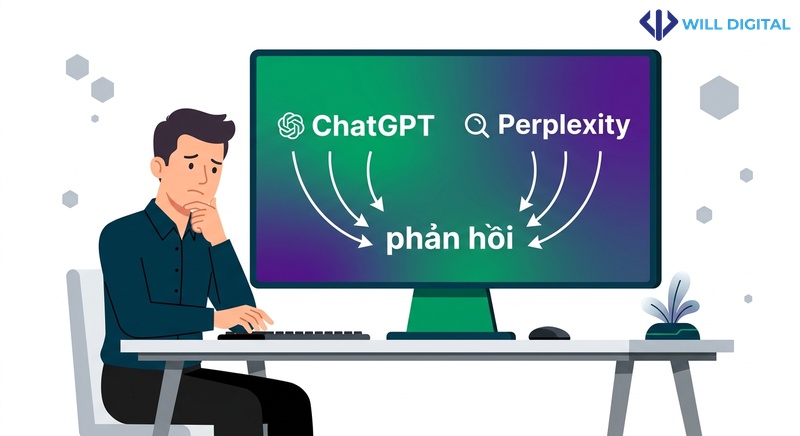 Nhân vật nam trước màn hình với biểu tượng ChatGPT và Perplexity