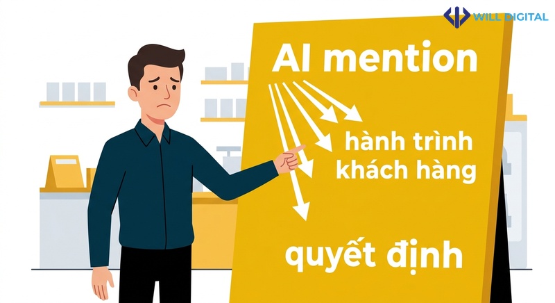 Nhân vật nam trước bảng với từ khóa AI mention và hành trình khách hàng