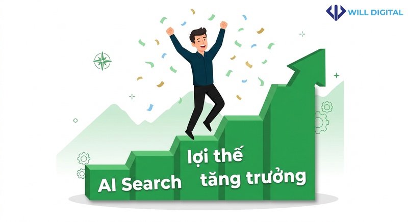 Nhân vật nam đứng trên biểu đồ tăng trưởng với từ khóa AI Search
