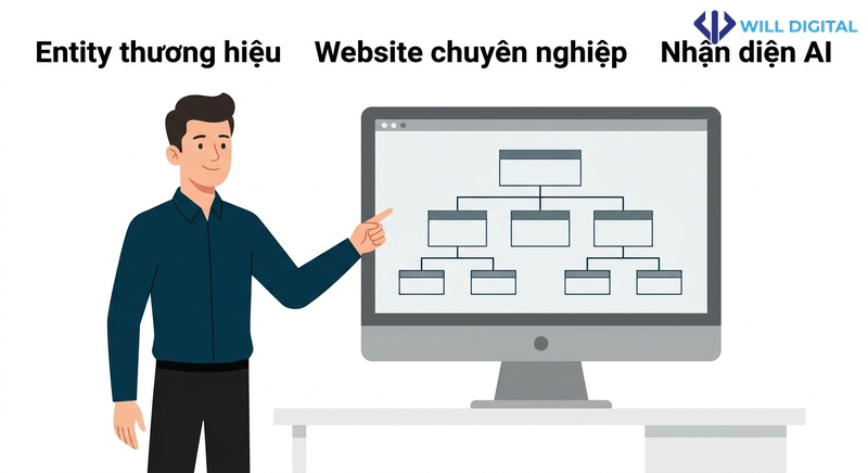 Nhân vật chỉ vào màn hình máy tính với sơ đồ website, tối ưu hóa AI mention
