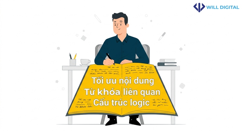Nhân vật viết từ khóa trên giấy lớn, tối ưu hóa nội dung AI