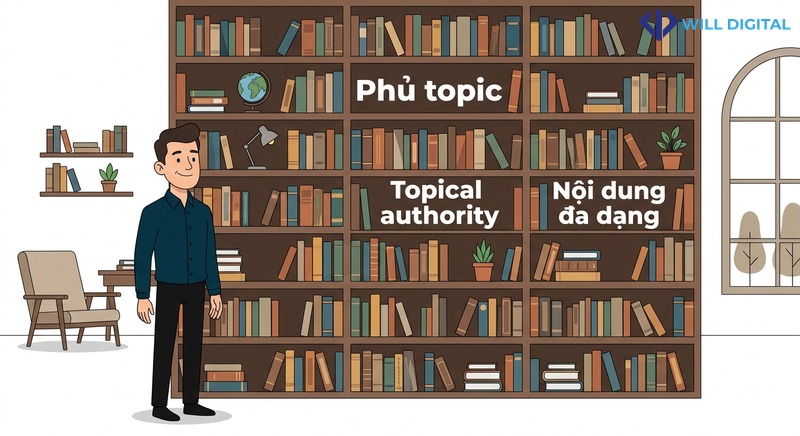 Nhân vật đứng trước kệ sách với nhiều chủ đề, xây dựng authority AI