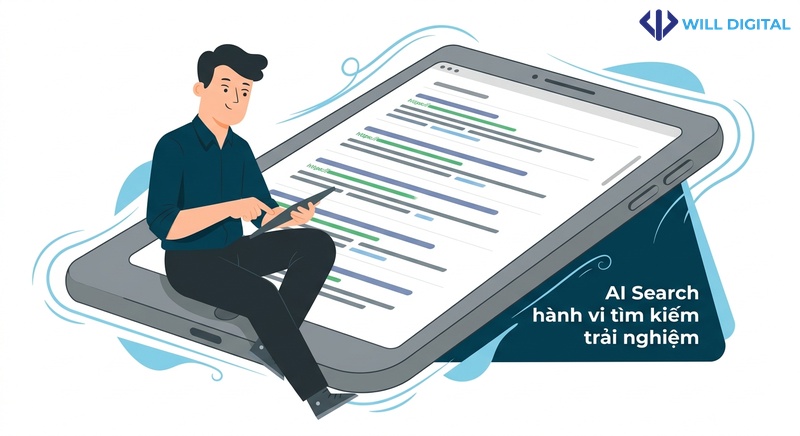 Nhân vật lướt qua kết quả tìm kiếm trên máy tính bảng lớn, AI Search