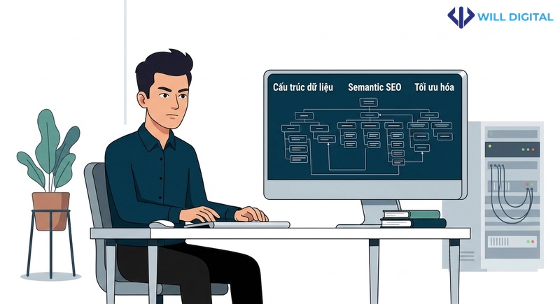 Nhân vật ngồi trước máy tính với sơ đồ cấu trúc dữ liệu, tối ưu hóa AI