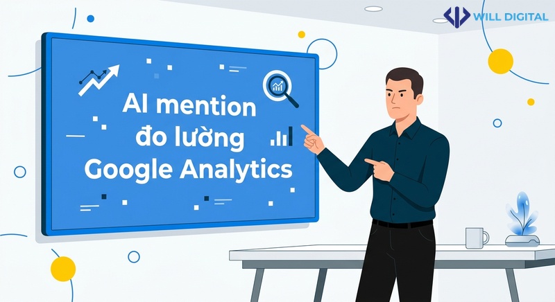 Nhân vật chỉ vào màn hình lớn hiển thị AI mention và số liệu đo lường