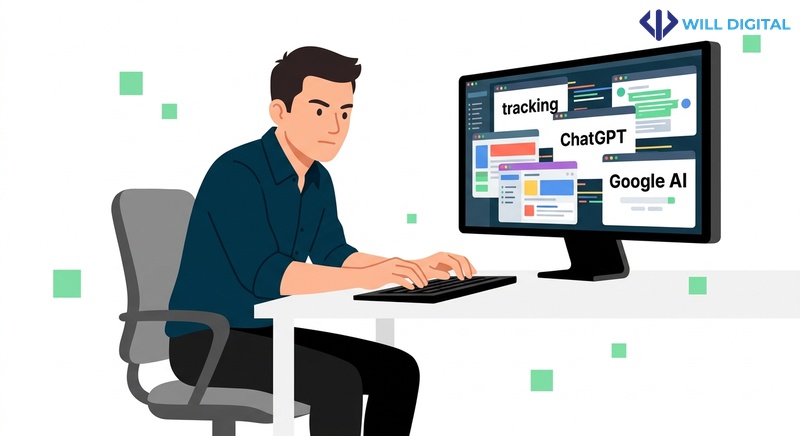 Nhân vật theo dõi AI mention trên màn hình máy tính với ChatGPT và Google AI