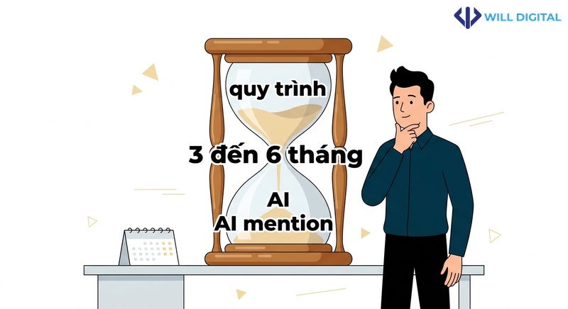 Nhân vật nam nhìn đồng hồ cát với chữ 3 đến 6 tháng