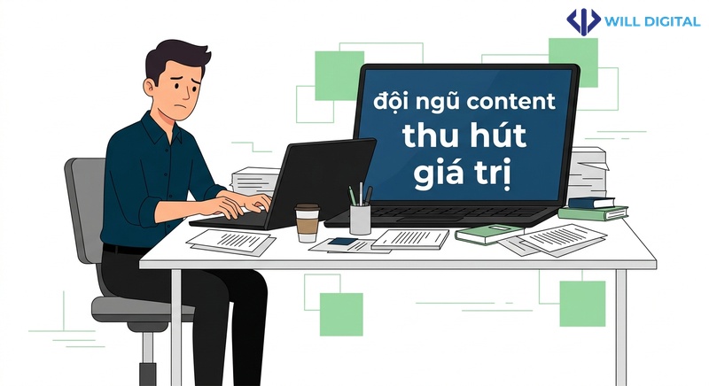 Nhân vật nam gõ máy tính với chữ đội ngũ content
