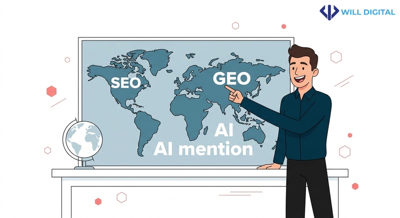 Nhân vật nam chỉ vào bản đồ với chữ SEO và GEO