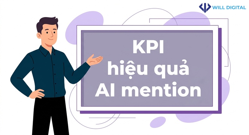 Nhân vật nam đứng cạnh bảng biểu KPI với chữ AI mention