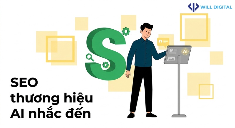 Nhân vật đứng cạnh biểu tượng SEO lớn, nhìn vào màn hình AI nhỏ, SEO
