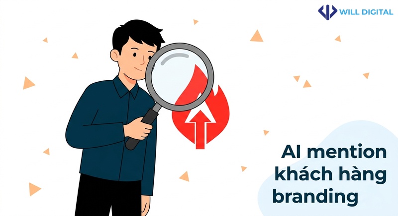 Nhân vật soi biểu tượng thương hiệu với kính lúp lớn, AI mention