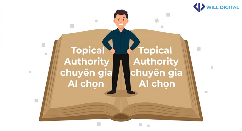Nhân vật đứng trên cuốn sách lớn về Topical Authority và AI chọn