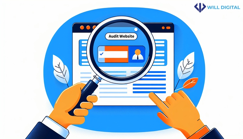 Icon vector mô tả audit website SEO với kính lúp và trang web