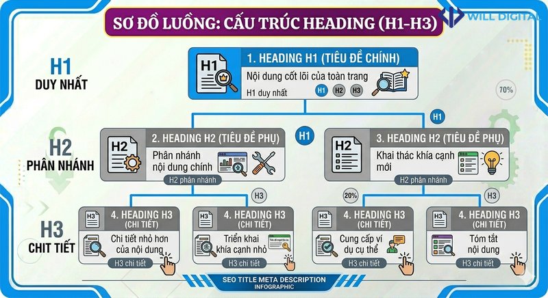 Sơ đồ cấu trúc heading H1 đến H3 trong SEO Onpage