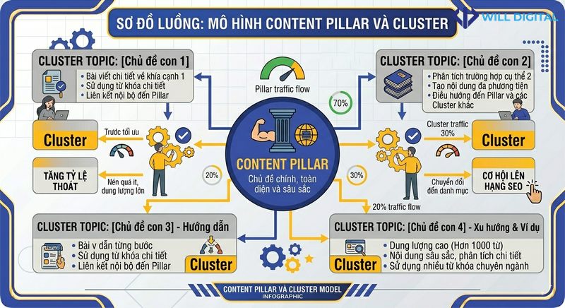 Sơ đồ mô hình Content Pillar và Cluster trong tổ chức nội dung SEO