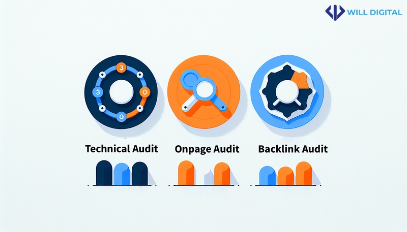 Infographic mô tả ba loại audit SEO phổ biến: kỹ thuật, onpage, backlink