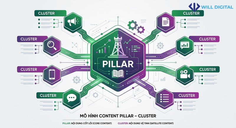 Sơ đồ mô hình Content Pillar – Cluster tối ưu hóa SEO