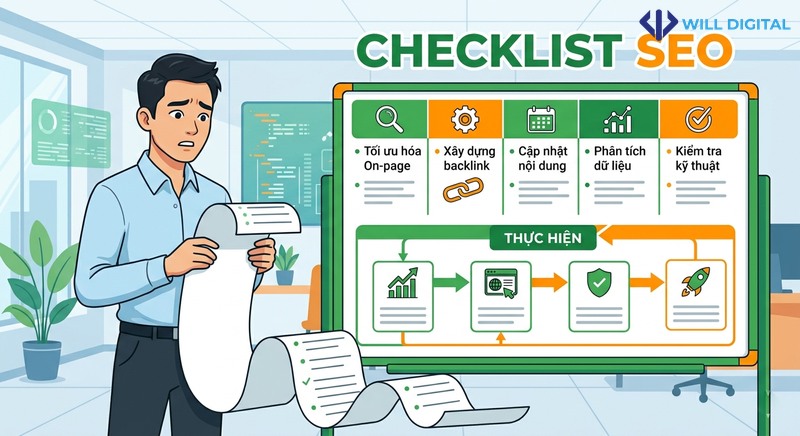 Nhân vật nam với checklist SEO chưa triển khai