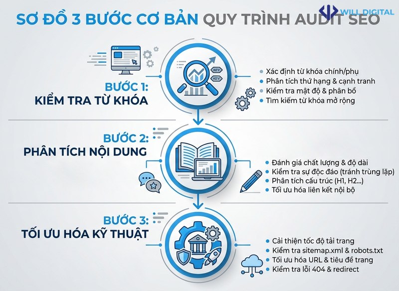 Biểu đồ quy trình audit SEO với các bước cơ bản