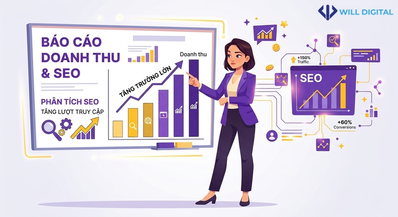 Nhân vật nữ chỉ vào biểu đồ doanh thu liên kết với SEO