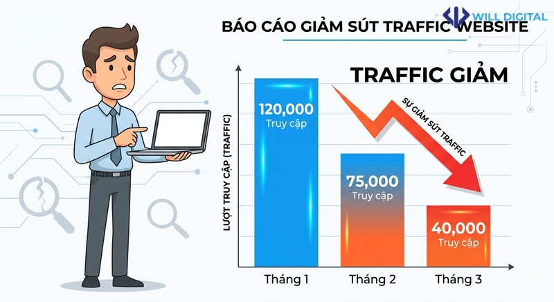 Infographic về website tụt traffic nghiêm trọng với biểu đồ cột